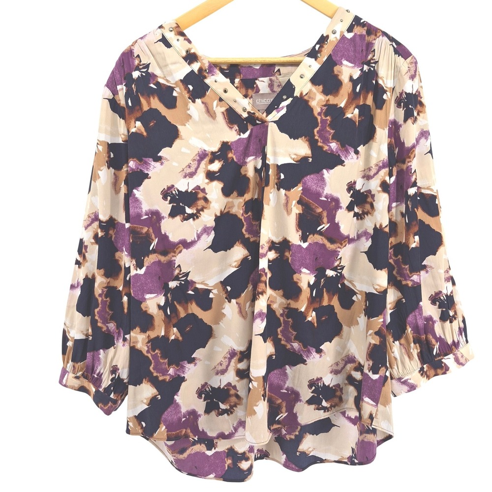 Chicos 3 Abstract‎ Dark Floral Studded V Neck 3/4 Sleeve Tunic Top Sz XL Peasant